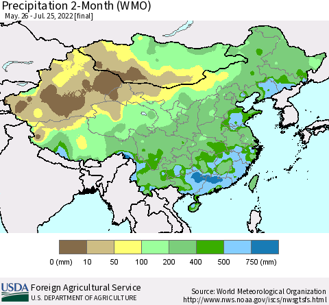 China, Mongolia and Taiwan Precipitation 2-Month (WMO) Thematic Map For 5/26/2022 - 7/25/2022