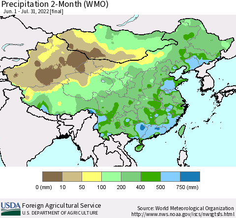 China, Mongolia and Taiwan Precipitation 2-Month (WMO) Thematic Map For 6/1/2022 - 7/31/2022