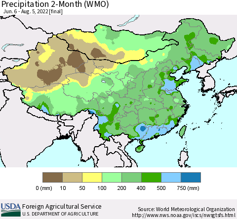 China, Mongolia and Taiwan Precipitation 2-Month (WMO) Thematic Map For 6/6/2022 - 8/5/2022