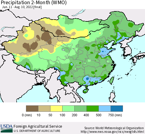 China, Mongolia and Taiwan Precipitation 2-Month (WMO) Thematic Map For 6/11/2022 - 8/10/2022