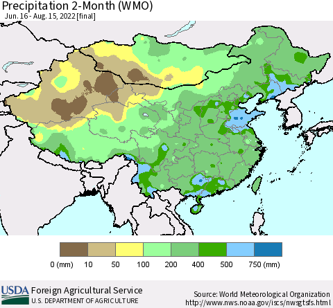 China, Mongolia and Taiwan Precipitation 2-Month (WMO) Thematic Map For 6/16/2022 - 8/15/2022