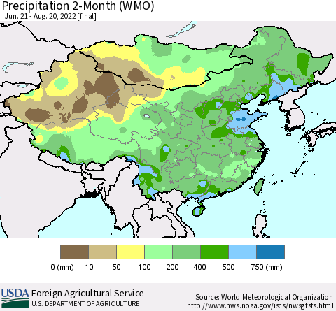 China, Mongolia and Taiwan Precipitation 2-Month (WMO) Thematic Map For 6/21/2022 - 8/20/2022