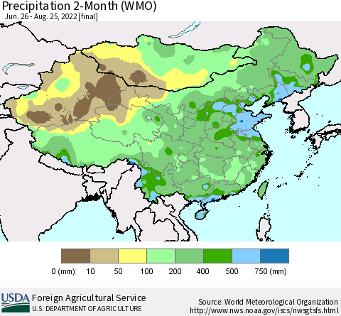 China, Mongolia and Taiwan Precipitation 2-Month (WMO) Thematic Map For 6/26/2022 - 8/25/2022