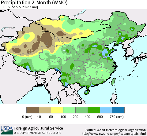 China, Mongolia and Taiwan Precipitation 2-Month (WMO) Thematic Map For 7/6/2022 - 9/5/2022