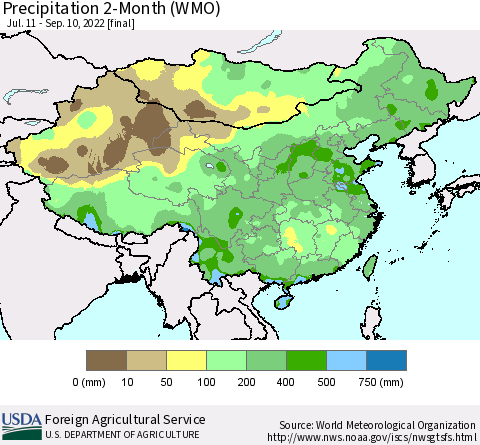 China, Mongolia and Taiwan Precipitation 2-Month (WMO) Thematic Map For 7/11/2022 - 9/10/2022