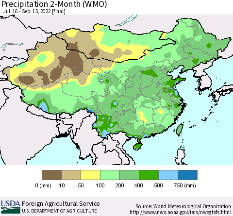 China, Mongolia and Taiwan Precipitation 2-Month (WMO) Thematic Map For 7/16/2022 - 9/15/2022