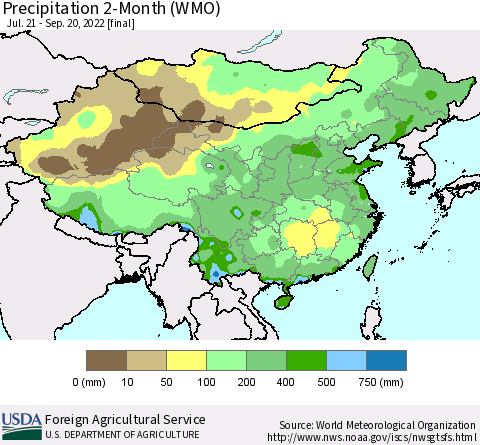China, Mongolia and Taiwan Precipitation 2-Month (WMO) Thematic Map For 7/21/2022 - 9/20/2022