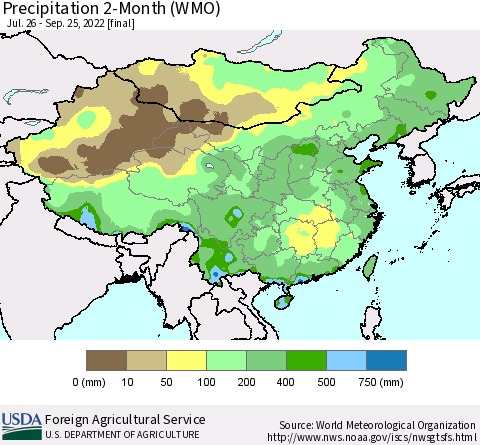 China, Mongolia and Taiwan Precipitation 2-Month (WMO) Thematic Map For 7/26/2022 - 9/25/2022