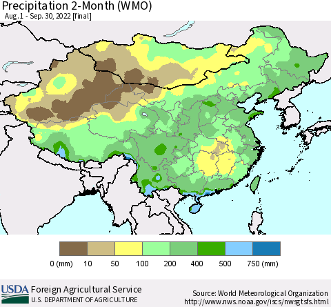 China, Mongolia and Taiwan Precipitation 2-Month (WMO) Thematic Map For 8/1/2022 - 9/30/2022