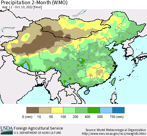 China, Mongolia and Taiwan Precipitation 2-Month (WMO) Thematic Map For 8/11/2022 - 10/10/2022