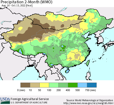 China, Mongolia and Taiwan Precipitation 2-Month (WMO) Thematic Map For 8/16/2022 - 10/15/2022
