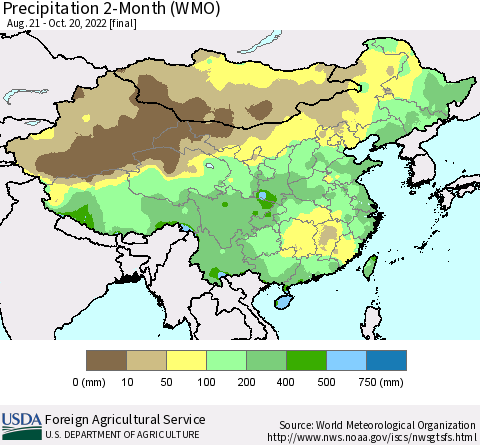 China, Mongolia and Taiwan Precipitation 2-Month (WMO) Thematic Map For 8/21/2022 - 10/20/2022
