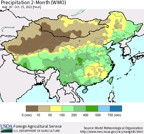 China, Mongolia and Taiwan Precipitation 2-Month (WMO) Thematic Map For 8/26/2022 - 10/25/2022