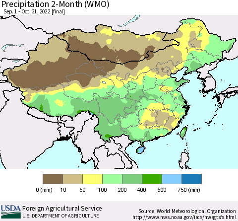 China, Mongolia and Taiwan Precipitation 2-Month (WMO) Thematic Map For 9/1/2022 - 10/31/2022