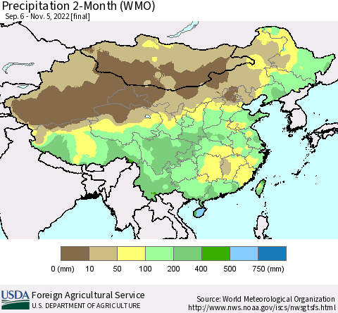 China, Mongolia and Taiwan Precipitation 2-Month (WMO) Thematic Map For 9/6/2022 - 11/5/2022