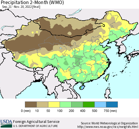 China, Mongolia and Taiwan Precipitation 2-Month (WMO) Thematic Map For 9/21/2022 - 11/20/2022