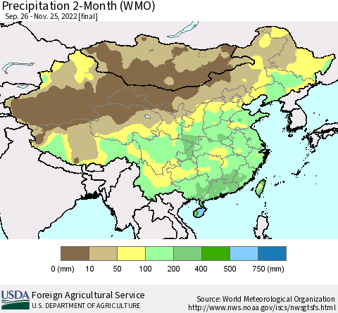 China, Mongolia and Taiwan Precipitation 2-Month (WMO) Thematic Map For 9/26/2022 - 11/25/2022