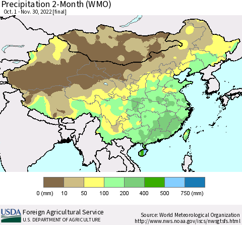 China, Mongolia and Taiwan Precipitation 2-Month (WMO) Thematic Map For 10/1/2022 - 11/30/2022
