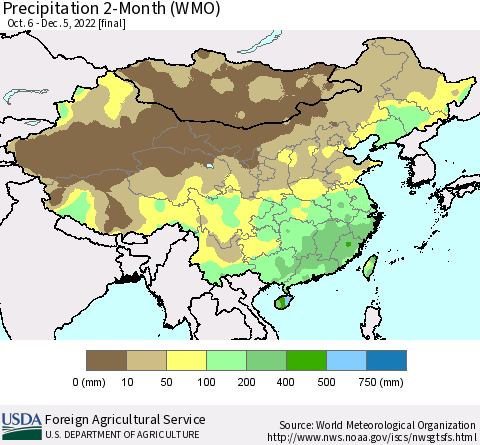 China, Mongolia and Taiwan Precipitation 2-Month (WMO) Thematic Map For 10/6/2022 - 12/5/2022
