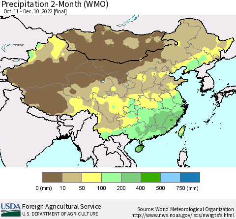 China, Mongolia and Taiwan Precipitation 2-Month (WMO) Thematic Map For 10/11/2022 - 12/10/2022