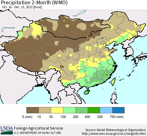 China, Mongolia and Taiwan Precipitation 2-Month (WMO) Thematic Map For 10/16/2022 - 12/15/2022
