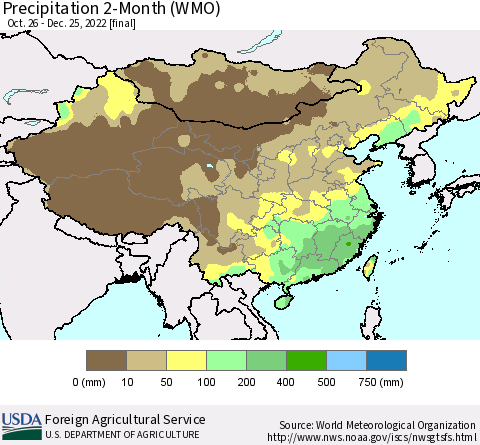 China, Mongolia and Taiwan Precipitation 2-Month (WMO) Thematic Map For 10/26/2022 - 12/25/2022