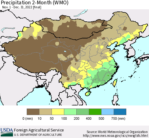 China, Mongolia and Taiwan Precipitation 2-Month (WMO) Thematic Map For 11/1/2022 - 12/31/2022