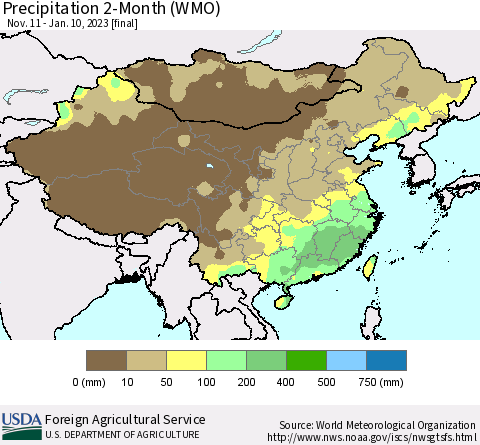 China, Mongolia and Taiwan Precipitation 2-Month (WMO) Thematic Map For 11/11/2022 - 1/10/2023
