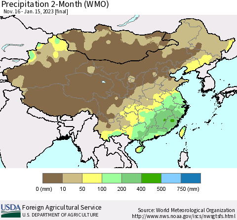 China, Mongolia and Taiwan Precipitation 2-Month (WMO) Thematic Map For 11/16/2022 - 1/15/2023
