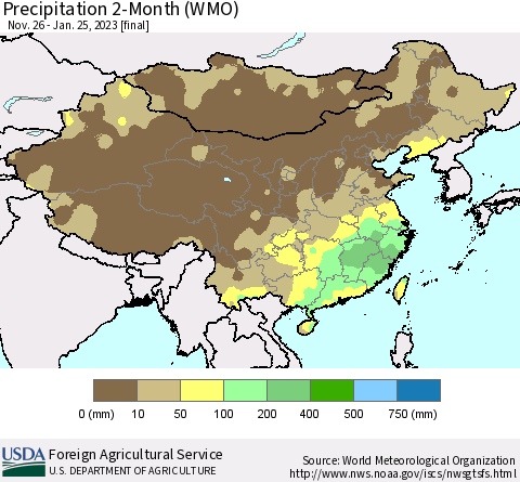 China, Mongolia and Taiwan Precipitation 2-Month (WMO) Thematic Map For 11/26/2022 - 1/25/2023
