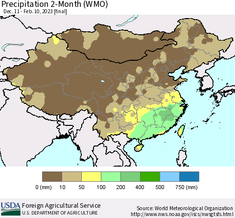China, Mongolia and Taiwan Precipitation 2-Month (WMO) Thematic Map For 12/11/2022 - 2/10/2023