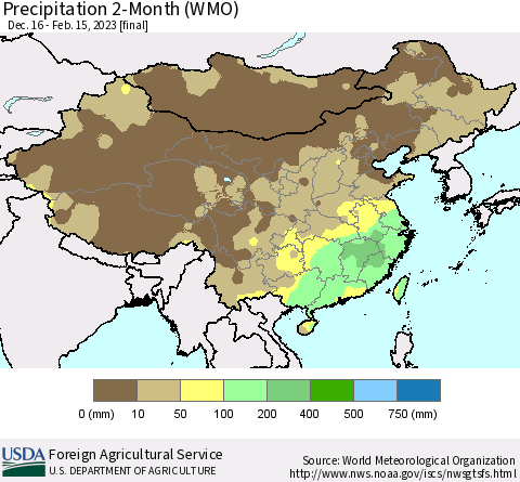 China, Mongolia and Taiwan Precipitation 2-Month (WMO) Thematic Map For 12/16/2022 - 2/15/2023