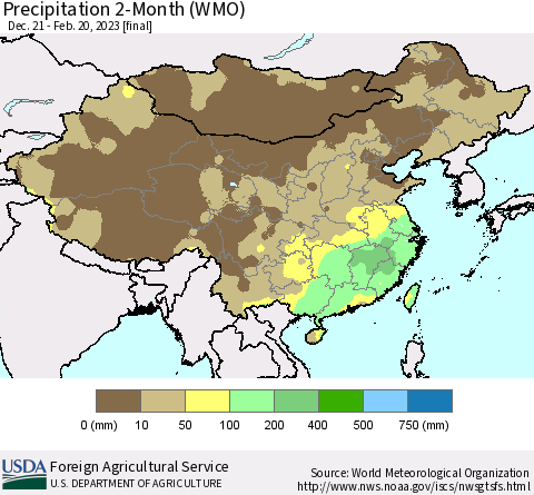 China, Mongolia and Taiwan Precipitation 2-Month (WMO) Thematic Map For 12/21/2022 - 2/20/2023
