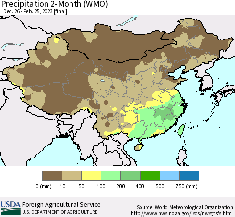 China, Mongolia and Taiwan Precipitation 2-Month (WMO) Thematic Map For 12/26/2022 - 2/25/2023