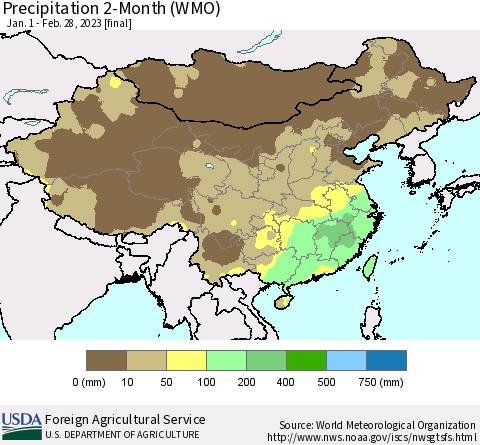 China, Mongolia and Taiwan Precipitation 2-Month (WMO) Thematic Map For 1/1/2023 - 2/28/2023