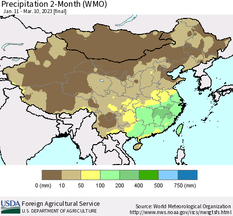 China, Mongolia and Taiwan Precipitation 2-Month (WMO) Thematic Map For 1/11/2023 - 3/10/2023