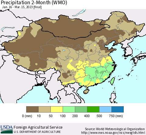 China, Mongolia and Taiwan Precipitation 2-Month (WMO) Thematic Map For 1/16/2023 - 3/15/2023