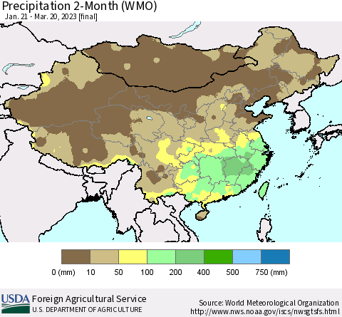 China, Mongolia and Taiwan Precipitation 2-Month (WMO) Thematic Map For 1/21/2023 - 3/20/2023