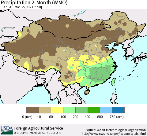 China, Mongolia and Taiwan Precipitation 2-Month (WMO) Thematic Map For 1/26/2023 - 3/25/2023
