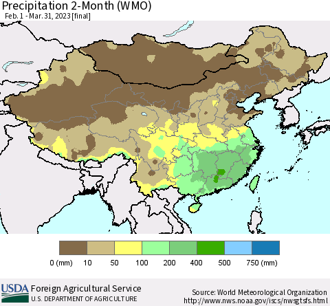 China, Mongolia and Taiwan Precipitation 2-Month (WMO) Thematic Map For 2/1/2023 - 3/31/2023