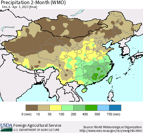 China, Mongolia and Taiwan Precipitation 2-Month (WMO) Thematic Map For 2/6/2023 - 4/5/2023