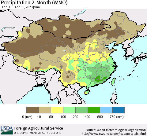 China, Mongolia and Taiwan Precipitation 2-Month (WMO) Thematic Map For 2/11/2023 - 4/10/2023