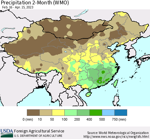 China, Mongolia and Taiwan Precipitation 2-Month (WMO) Thematic Map For 2/16/2023 - 4/15/2023