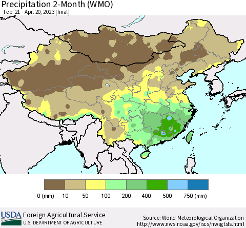 China, Mongolia and Taiwan Precipitation 2-Month (WMO) Thematic Map For 2/21/2023 - 4/20/2023