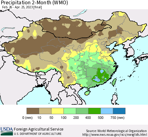 China, Mongolia and Taiwan Precipitation 2-Month (WMO) Thematic Map For 2/26/2023 - 4/25/2023