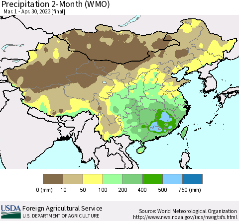 China, Mongolia and Taiwan Precipitation 2-Month (WMO) Thematic Map For 3/1/2023 - 4/30/2023