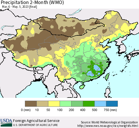 China, Mongolia and Taiwan Precipitation 2-Month (WMO) Thematic Map For 3/6/2023 - 5/5/2023