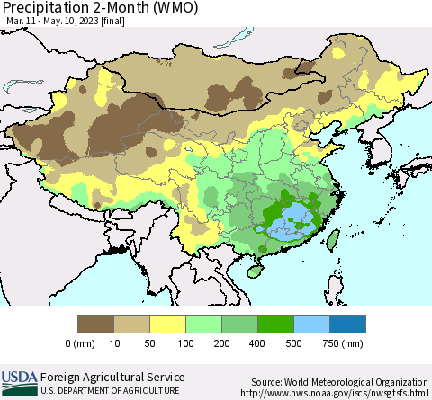 China, Mongolia and Taiwan Precipitation 2-Month (WMO) Thematic Map For 3/11/2023 - 5/10/2023