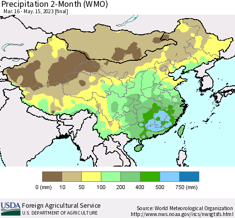China, Mongolia and Taiwan Precipitation 2-Month (WMO) Thematic Map For 3/16/2023 - 5/15/2023
