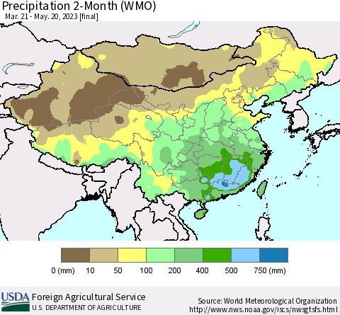 China, Mongolia and Taiwan Precipitation 2-Month (WMO) Thematic Map For 3/21/2023 - 5/20/2023